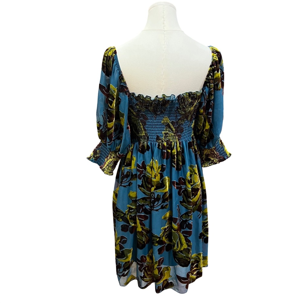 Betsey Johnson Teal Velvet Burnout Puff Sleeve Floral Silk Babydoll Dress M - Picture 5 of 10